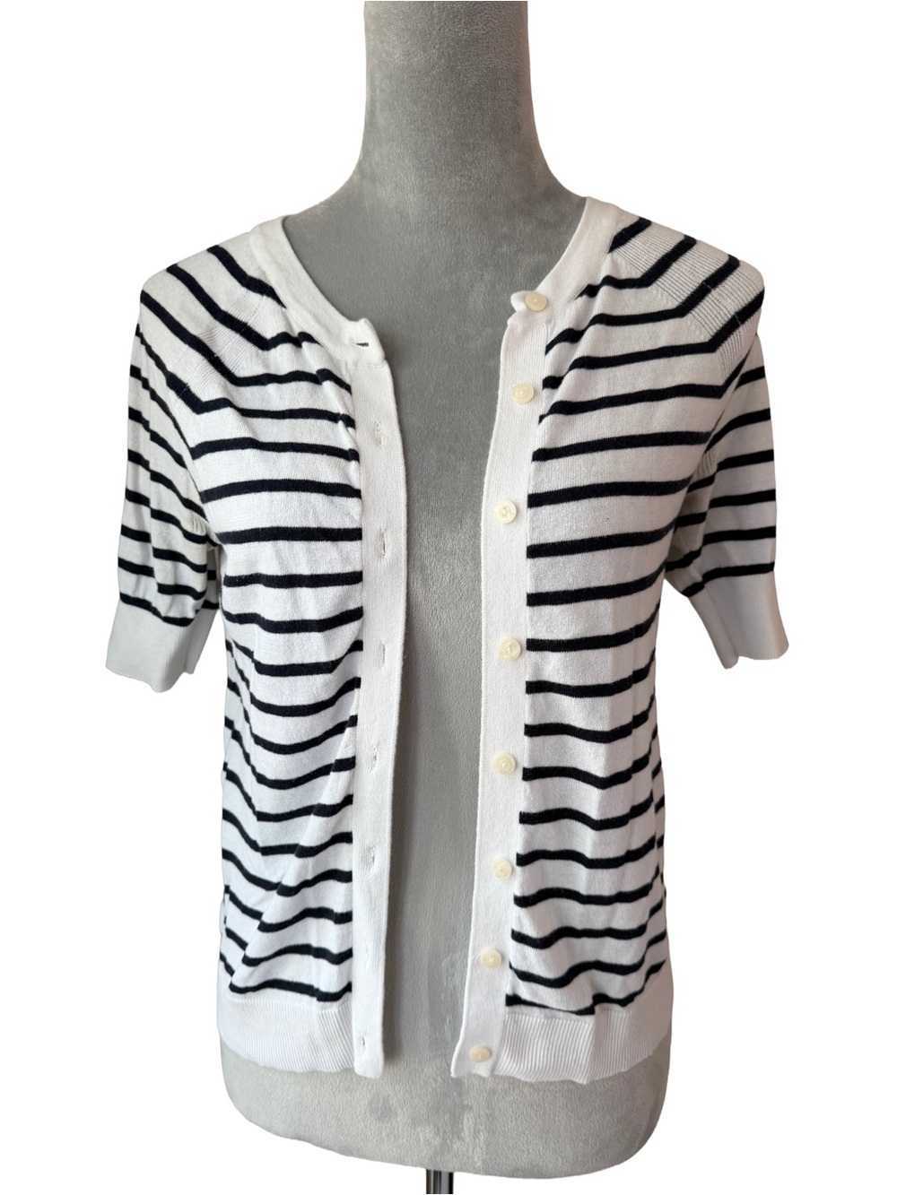 LOFT Striped Short Sleeve Cardigan Sweater Crewneck Button Front French Girl XXS